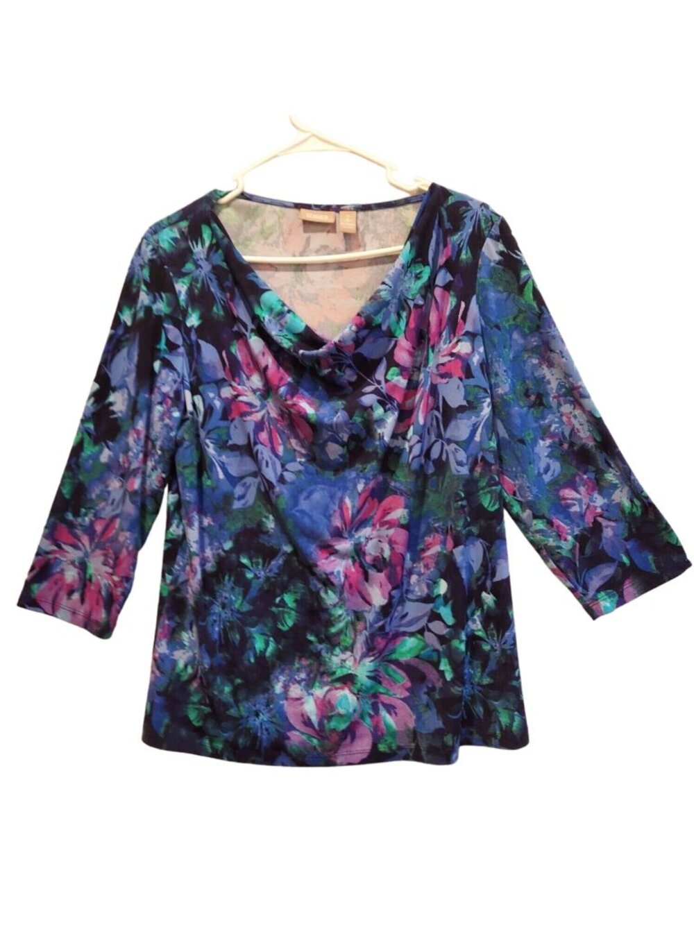 Chicos Blouse Womens Large Top floral vibrant colorful mock neck stretch career